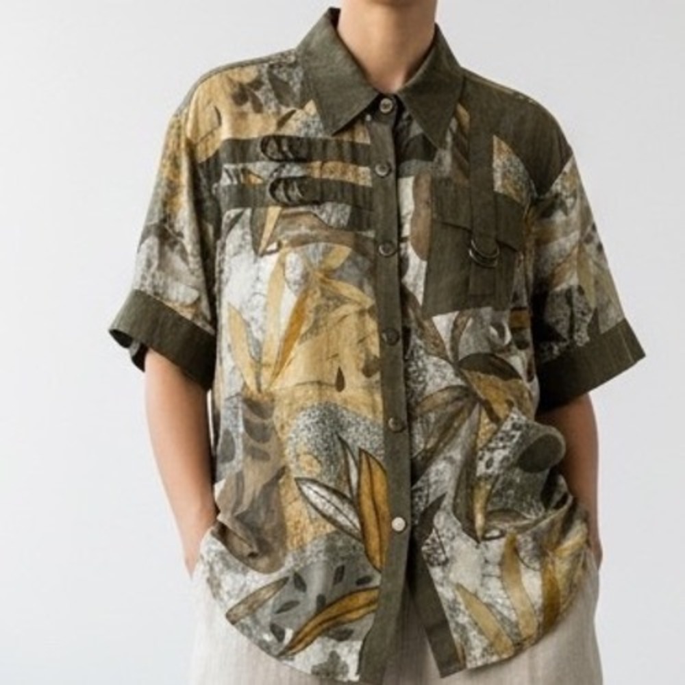 Cache VTG  90s Safari Shirt Olive Green Botanical D-Ring Utility Small Suede